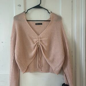 SHEIN Pink V-Neck Sweater with Ruched Detail